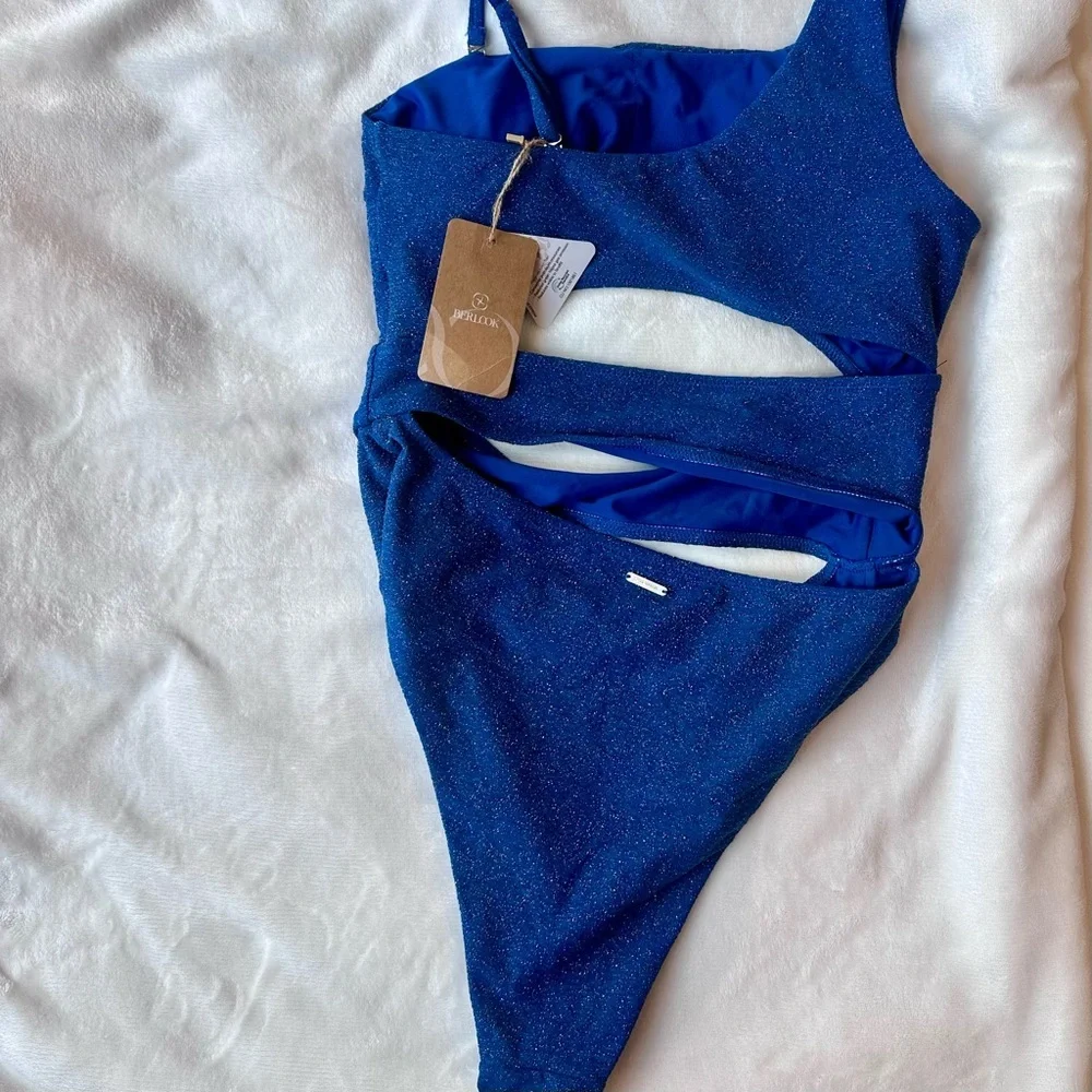 Berlook Blue Lurex Cut Out One-Piece Swimsuit NEW Medium - Picture 5 of 6